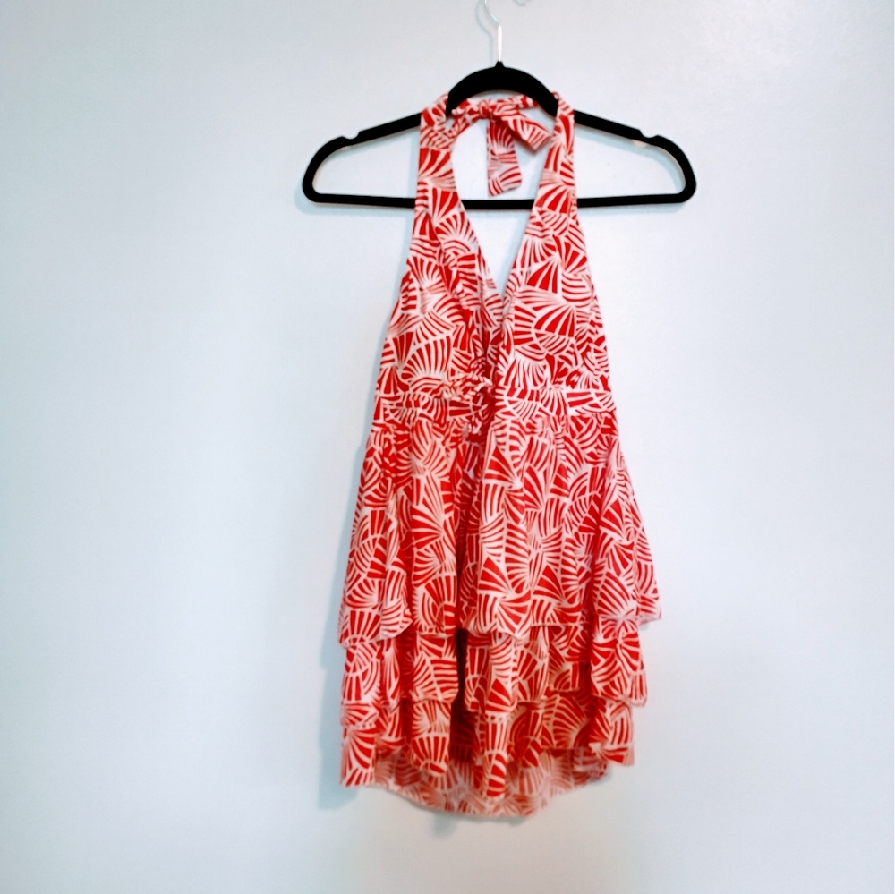 Finwanlo ruffle tankini halter patterned red and white swim top size XL. Has a s